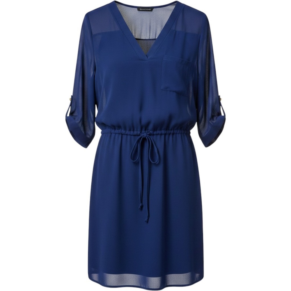 Jella Couture Navy Blue V-Neck Roll Tab Sleeve Dress Vintage Made in USA Small